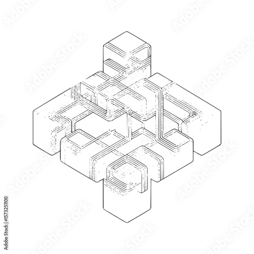 Isometric view of interconnected cubes with line details creating an abstract architectural design element