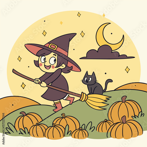 Charming Witch Flying on Broomstick with Black Cat and Pumpkins