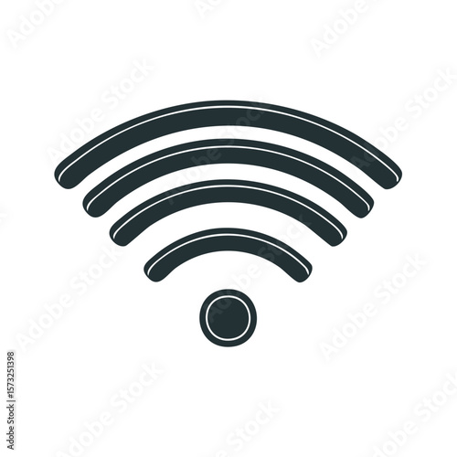 Simple black and white design with wifi signal icon featuring curved lines and a central circle, symbolizing internet connection and wireless network
