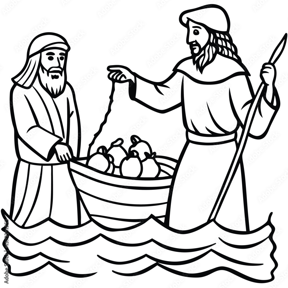 Fototapeta premium Jesus different activities line art kids coloring page 