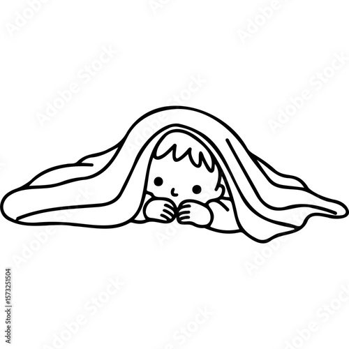 Child hiding under blanket and peeking with curious expression  