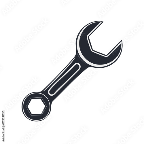 Black and White Illustration of a Metal Wrench with Two Heads on a White Background