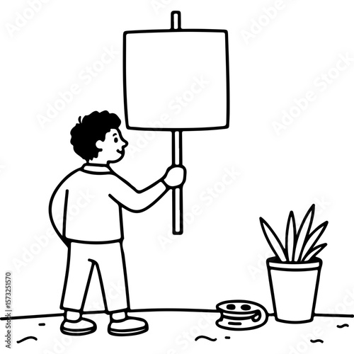 Young boy holding blank protest sign in garden with potted plant  