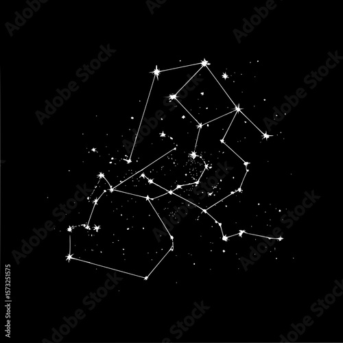 Illustration of a constellation with white lines and stars on a black background in a night sky view