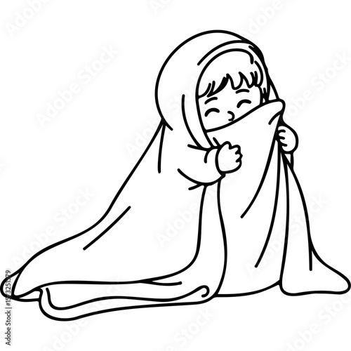 Child smiling while hiding under a blanket and feeling cozy    