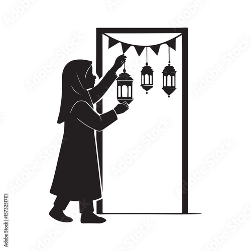 Muslim girl in hijab decorates with ramadan lanterns and flags