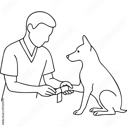 Veterinarian bandaging injured dog's paw in a clinic setting  
