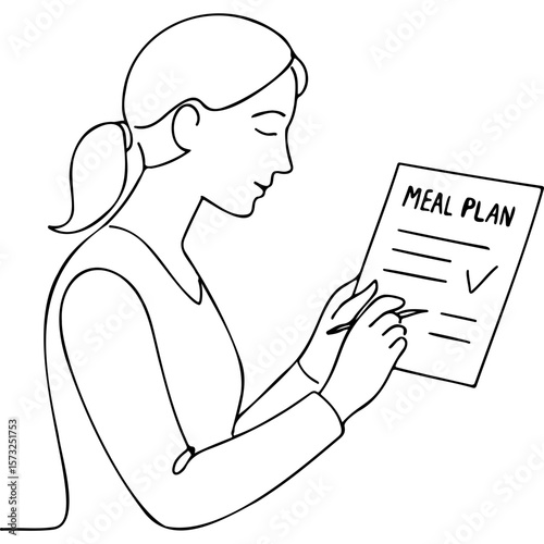 Woman reviewing meal plan while smiling in a minimalist style  