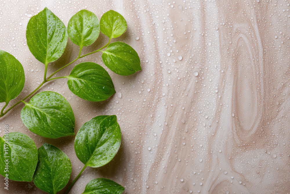 Obraz premium Fresh green leaves with water droplets on light marble surface create serene and natural atmosphere
