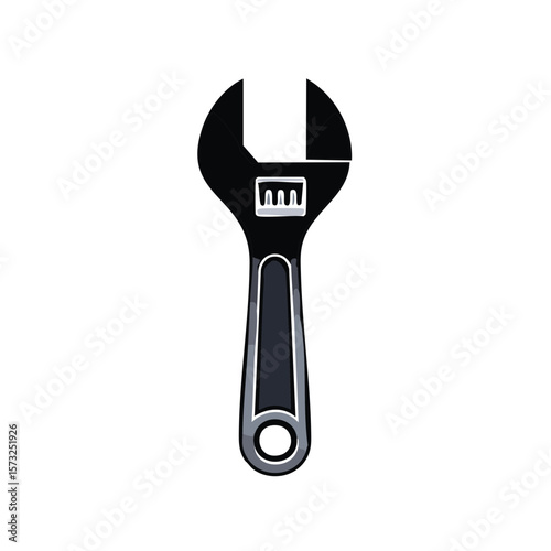 Isolated black adjustable wrench with gray accents on white background for industrial or handyman use