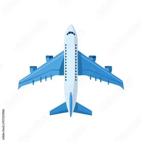Illustration of a Blue and White Airplane Flying High Above on a White Background