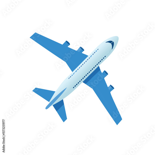 Commercial airplane flying with a blue and white color scheme aerial view on white background