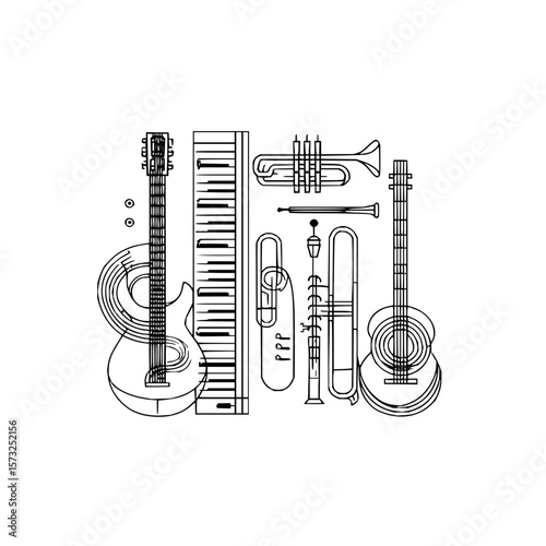 Illustration of various musical instruments including guitars piano trumpets and trombones shown in line art