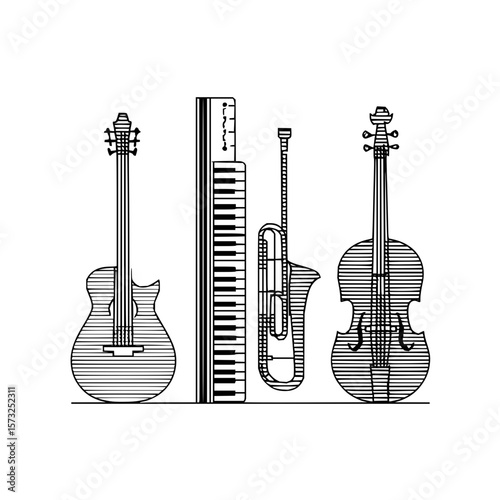 Illustration of musical instruments including guitar, keyboard, trombone, and violin in black outline