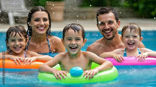 Joyful family pool fun with inflatable rings splashing water