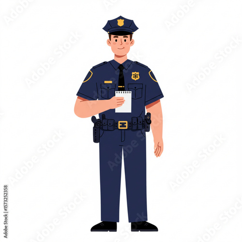 A police officer in uniform, holding a notepad, stands in a neutral pose.