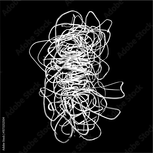 Tangled white lines on black background creating a chaotic abstract design with dynamic movement and depth
