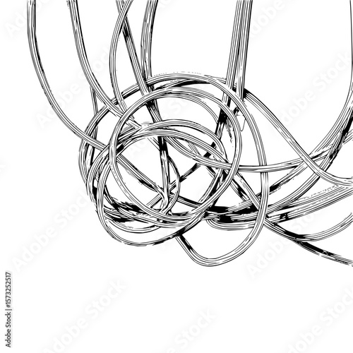 Abstract sketch of tangled lines forming a circular shape with a brush stroke texture design element