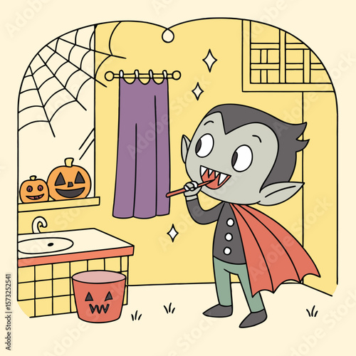 Adorable Little Vampire Brushing His Teeth Before Bedtime