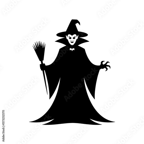 witch Halloween black silhouette vector, spooky simple silhouette design icon on white background, Halloween clipart illustration