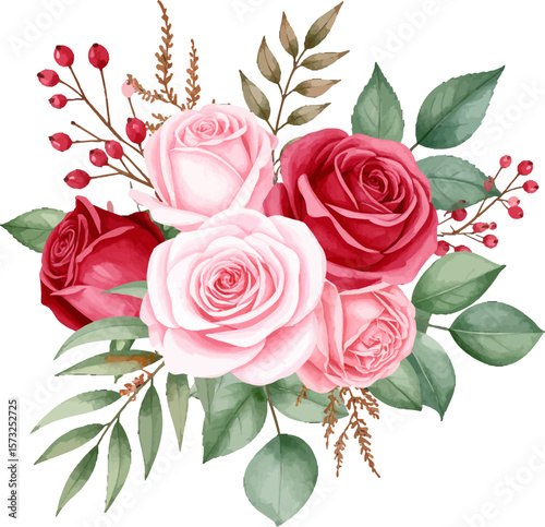 Watercolor red and pink rose bouquet. Romantic floral arrangement art. Elegant rose bouquet illustration. Pink and red roses with greenery. Hand-painted vintage flower design