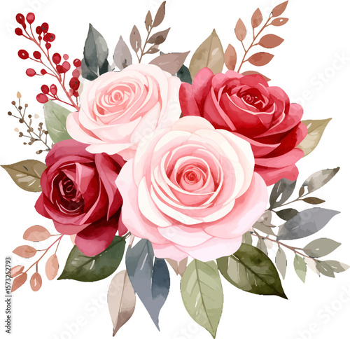 Watercolor roses and leaves clipart. Soft rose bouquet in watercolor art. Floral composition with red roses. Rose and foliage botanical drawing. Wedding bouquet watercolor flowers
