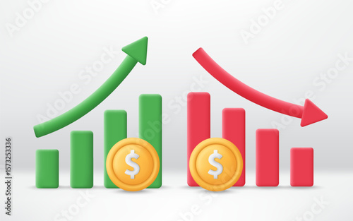 3D Dollar coin with chart going up and down. Currency rising and falling. Business and financial concept. Dollar increases and decreases. Minimalist cartoon icon. Trendy and modern vector in 3D style.