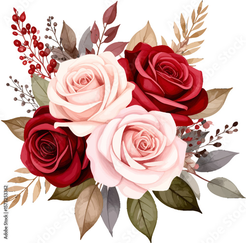 Watercolor bouquet for decoration. Red and pink roses botanical art. Green leaves with roses clipart. Elegant wedding flower bouquet. Rose petals floral arrangement