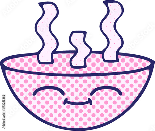 comic book style cartoon of a bowl of hot soup in bright neon color