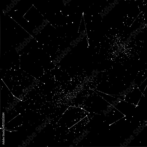 A night sky filled with stars and constellations depicted with white dots and connecting lines style art