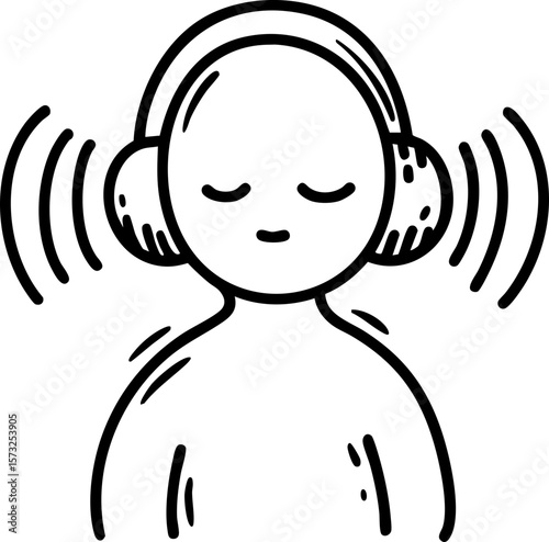 
Wellness retreats concept. Calm figure with headphones enjoying music vibrations. Hand-drawn outline icon