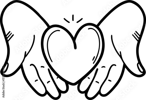 Wellness retreats concept. Hands holding a heart symbol, depicting care and compassion. Hand-drawn outline icon