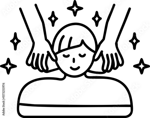 Wellness retreats concept. Relaxed person enjoying a soothing massage with hands above. Hand-drawn outline icon