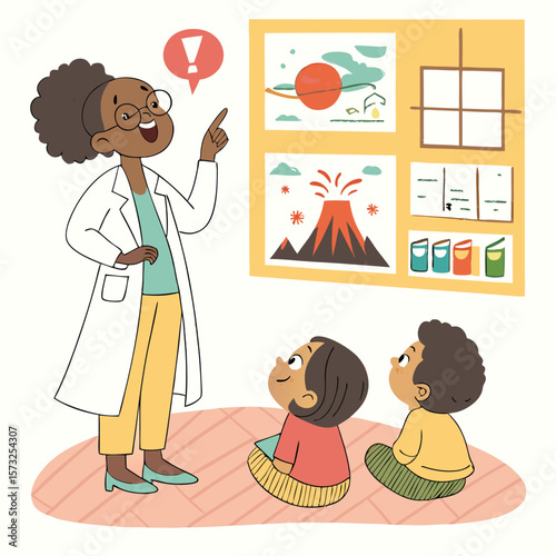 Science Teacher Explains Volcano Eruption to Students Engaging Educational Illustration
