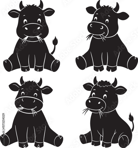 Cartoon Cow Sitting Eating Grass Character silhouette