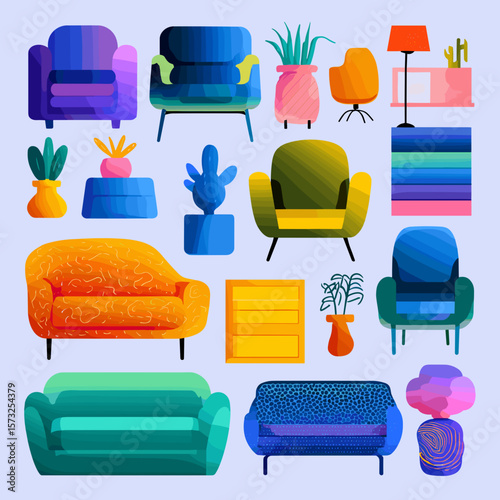 Collection of upholstered furniture and plant vases in flat, colorful vector style