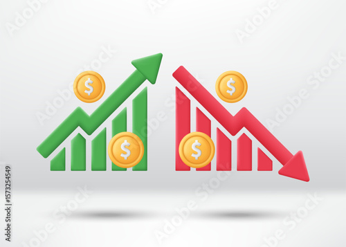 3D Dollar coin with chart going up and down. Currency rising and falling. Business and financial concept. Dollar increases and decreases. Minimalist cartoon icon. Trendy and modern vector in 3D style.