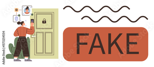 Woman scans face for door security access. Alert about fake identity pops up. Ideal for cybersecurity, tech, fraud detection, privacy, AI, modern safety access control. Simple flat metaphor