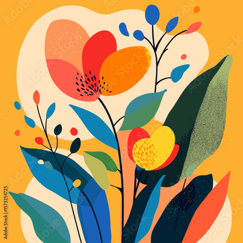 Abstract botanical image illustration with colorful stylized plants and leaves, bright background, modern vector style