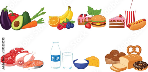 A cartoon illustration of various food groups arranged in two rows