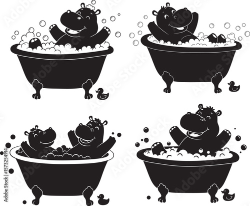Hippo Enjoying Bathtub Cute Cartoon Animal silhouette