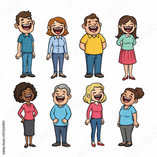 Laughing people group diverse characters joyful happy smiles