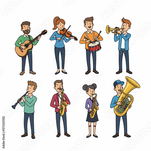 Musicians playing instruments, band members, musical group