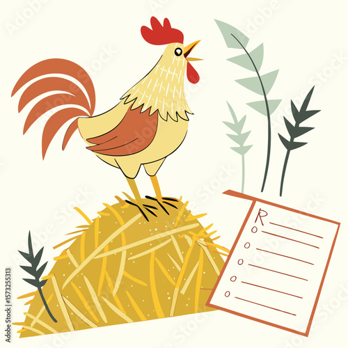 Stylized Rooster Illustration Farm Animal on Haystack with Checklist