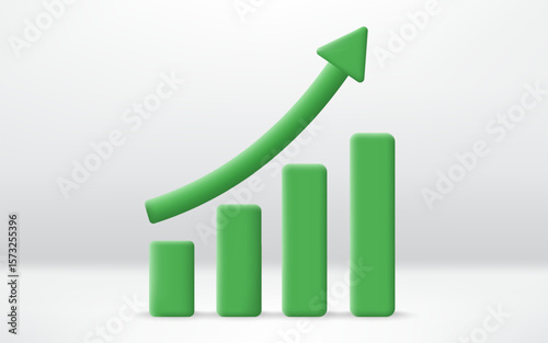 3D graph with green arrow going up stock icon. Financial increase, economy up graph. Business profit and financial grow faster. Minimalist cartoon icon. Trendy and modern vector in 3d style.
