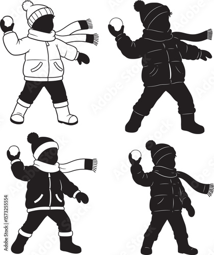 Little Boy Throwing Snowballs In Winter Clothes silhouette