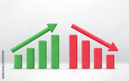 3D Graph up and down financial arrows. Business chart with increase, decrease trend. Concept of financial success and market progress. Minimalist cartoon icon. Trendy and modern vector in 3D style.