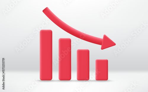 3D graph with red arrow going down stock icon. Financial decrease down arrow, economy down graph. Falling concept of loss market. Minimalist cartoon icon.Trendy and modern vector in 3d style.
