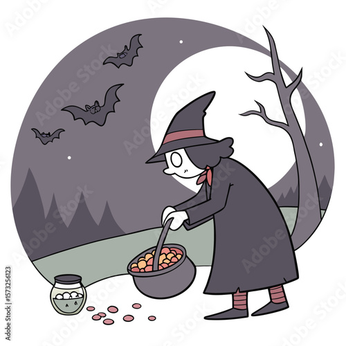 A cartoon witch in a black robe holding a cauldron with bats and a moon in the background at nighttime