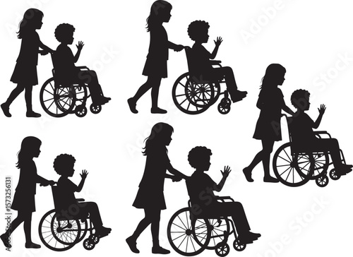 Little Girl Helping Boy In Wheelchair Cartoon silhouette